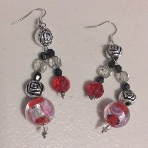 Red black clear BoHo OOAK glass retro pierced dangle sexy RETRO hippie earrings